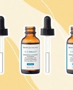 Collage of three images of the SkinCeuticals C E Ferulic Serum on an orange background