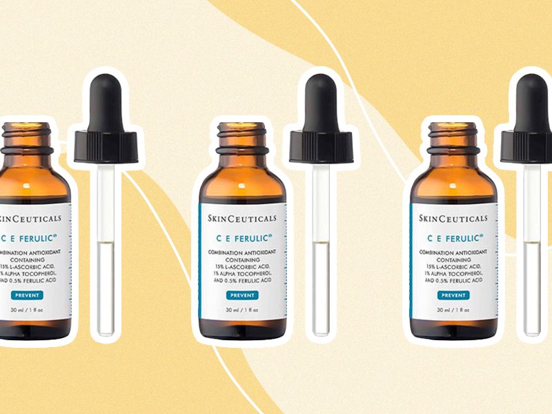 Collage of three images of the SkinCeuticals C E Ferulic Serum on an orange background