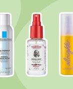 Image of three setting sprays on a green graphic background