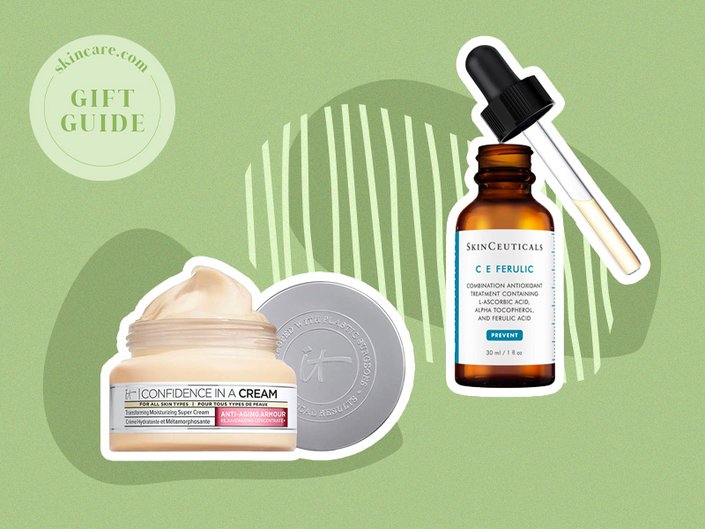image of SkinCeuticals and IT Cosmetics stocking stuffers on a green background