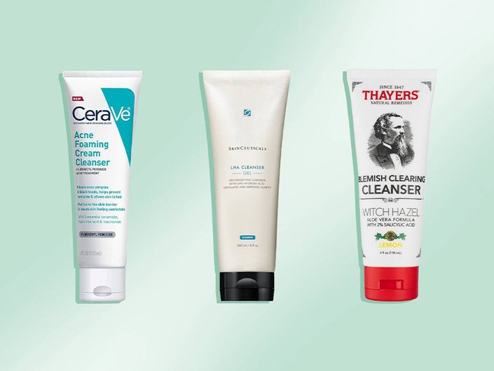 Image of three cleansers on a mint green background
