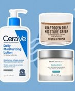 A designed graphic featuring three jars of facial moisturizers: SkinCeuticals Emollience Rich Restorative Moisturizer, Youth To The People Adaptogen Deep Moisturizing Cream and CeraVe Daily Moisturizing Lotion