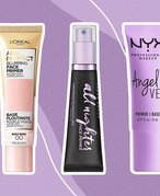 primers from loreal paris, urban decay and nyx collaged onto a purple background