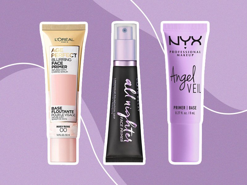 primers from loreal paris, urban decay and nyx collaged onto a purple background