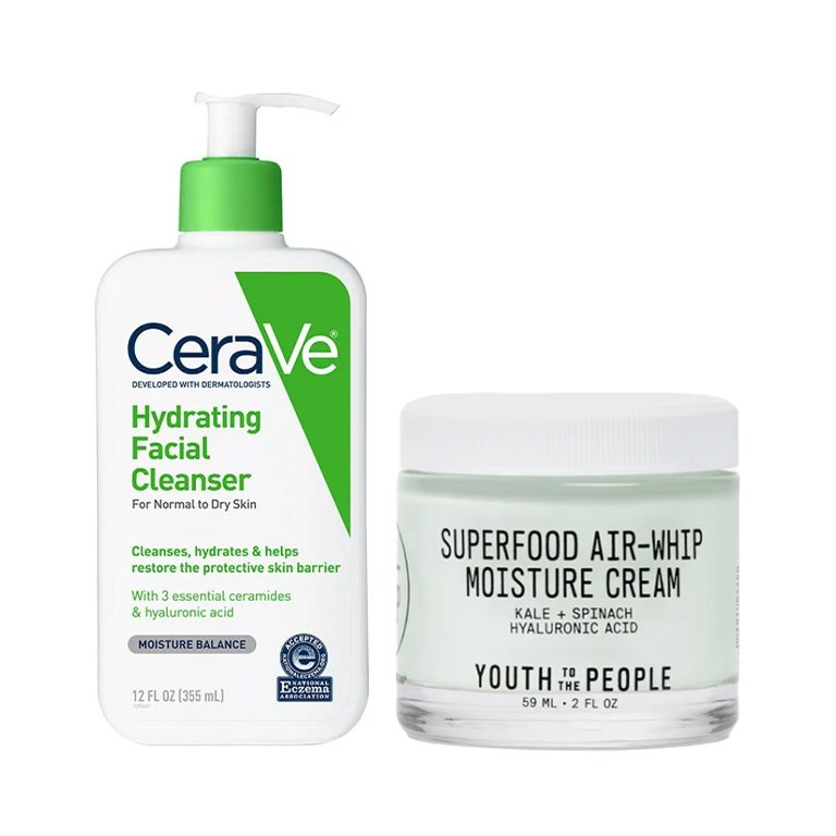 cerave hydrating cleanser, youth to the people superfood air whip moisture cream