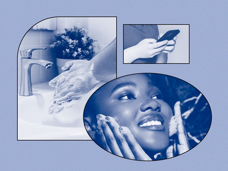 blue and white collage of person washing face and hands, and texting on phone