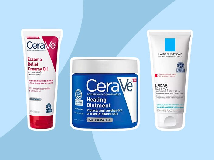 CeraVe Eczema Relief Creamy Oil, CeraVe Healing Ointment and La Roche-Posay Lipikar Eczema Cream collaged on a light blue background