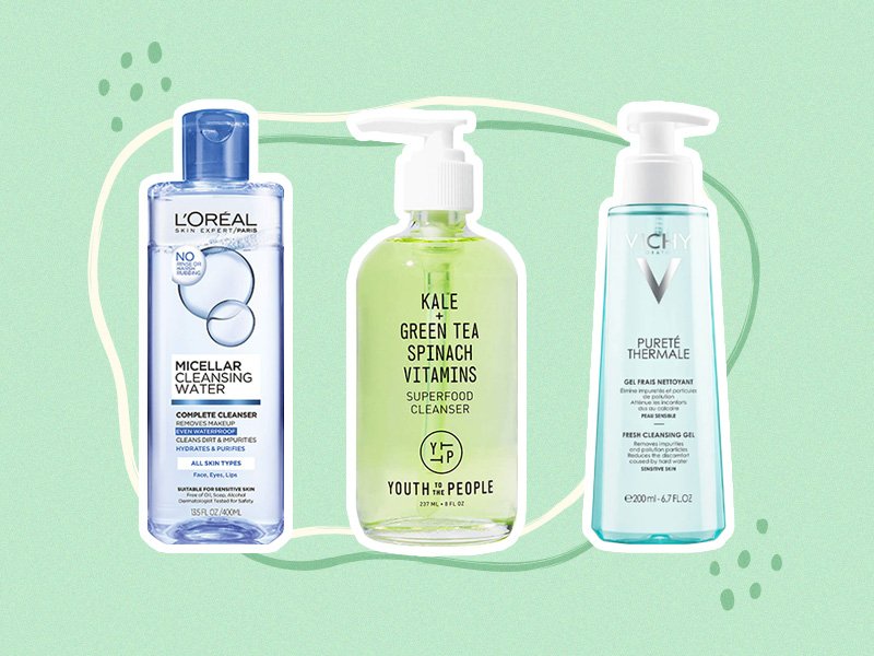 photo of L'Oreal, Youth to the People, and Vichy water-based cleansers on a green background
