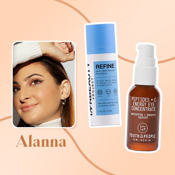 alanna collaged onto an orange background with the youth to the people eye cream and the innbeauty project serum