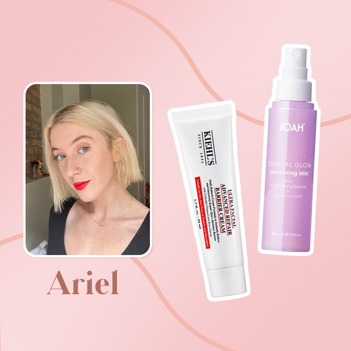 ariel collaged onto a pink background with the kiehls barrier repair cream and the joah luminizing mist