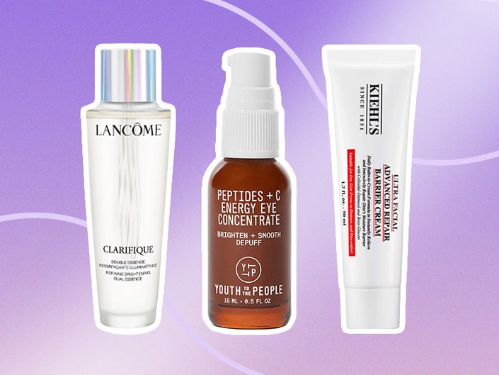 lancome clarifique, youth to the people eye cream and kiehls barrier repair cream collaged onto a purple background