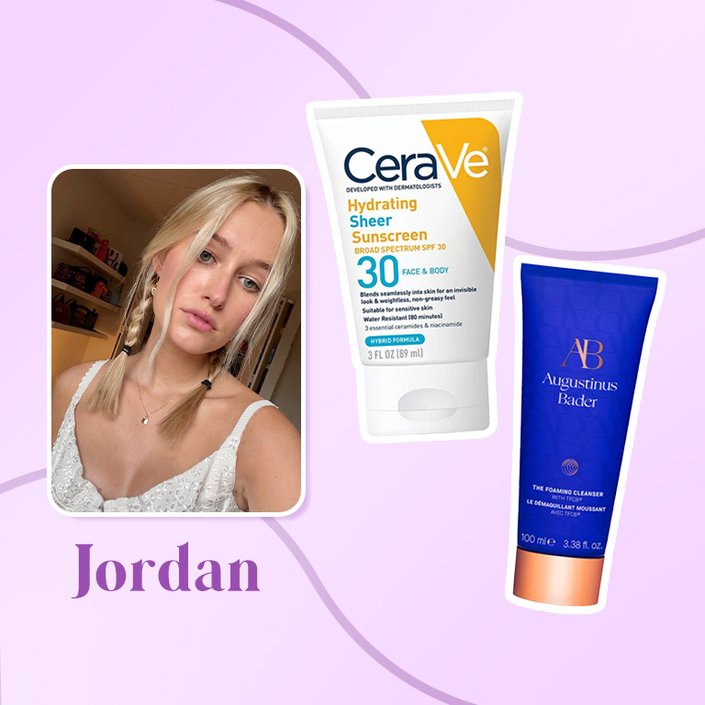 jordan collaged onto a purple background with the cerave sunscreen and augustinus bader foaming cleanser