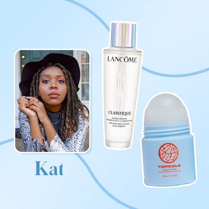 kat collaged onto a blue background with the lancome clarifique and the topicals ingrown tonic