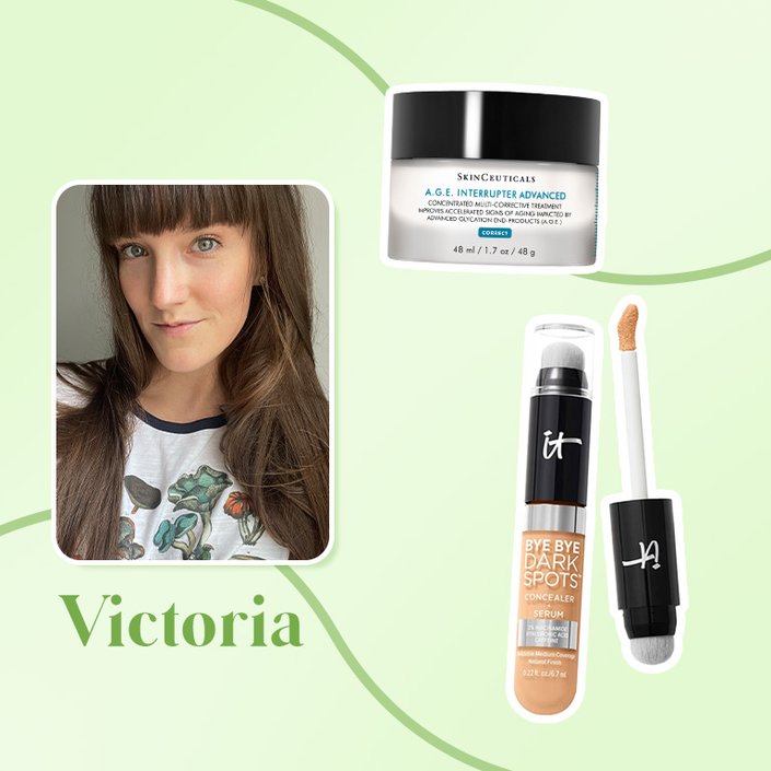 victoria collaged onto a green background with the skinceuticals eye cream and it cosmetics concealer