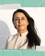 photo of Surya Founder Martha Soffer collaged onto a green background