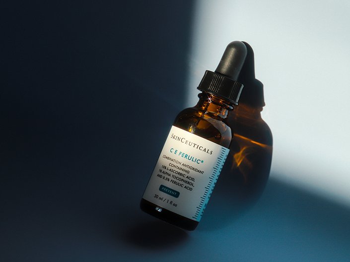skinceuticals c e ferulic bottle photographed on a blue background