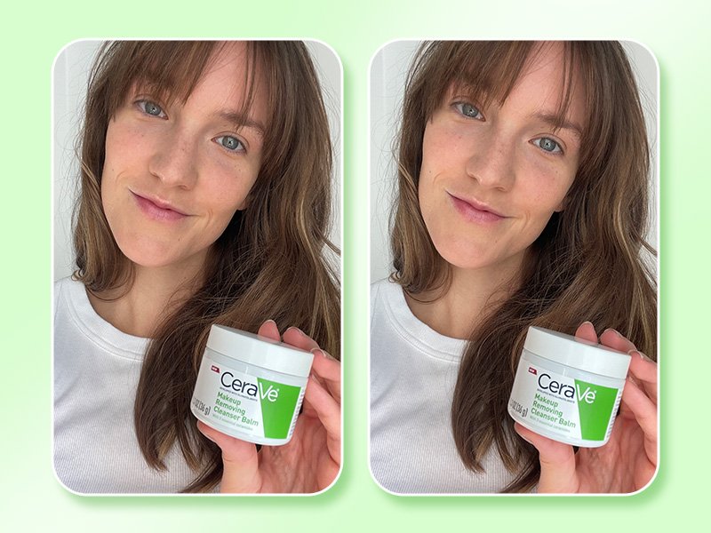 Collage of the same selfie of an editor with long dark hair holding up the CeraVe Makeup Removing Cleanser Balm Review on a lime green background
