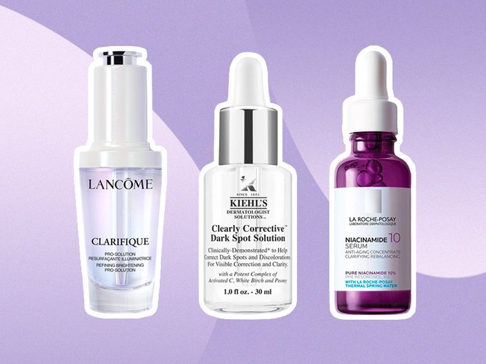 Collage with a purple background and the Lancôme Clarifique Pro-Solution Serum, Kiehl’s Clearly Corrective Dark Spot Corrector and the La Roche-Posay 10% Pure Niacinamide Serum