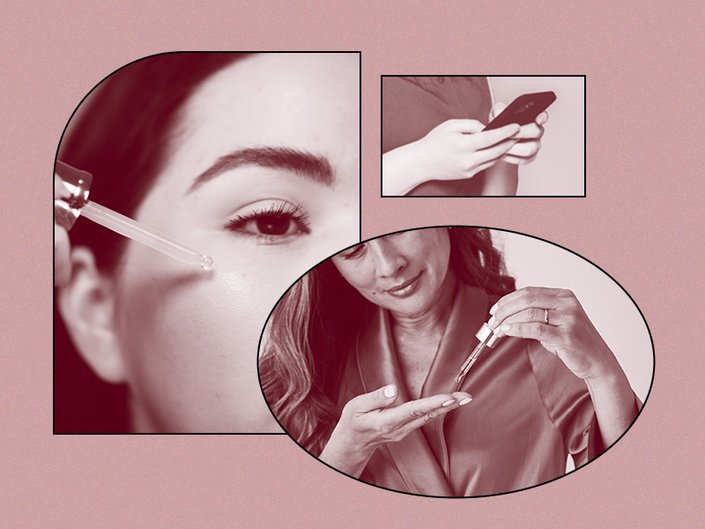 collage of people applying serum with droppers on a pink background