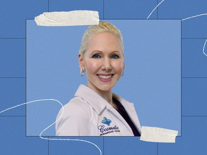 An image of board-certified dermatologist Dr. Nicole Hayre on a blue background.
