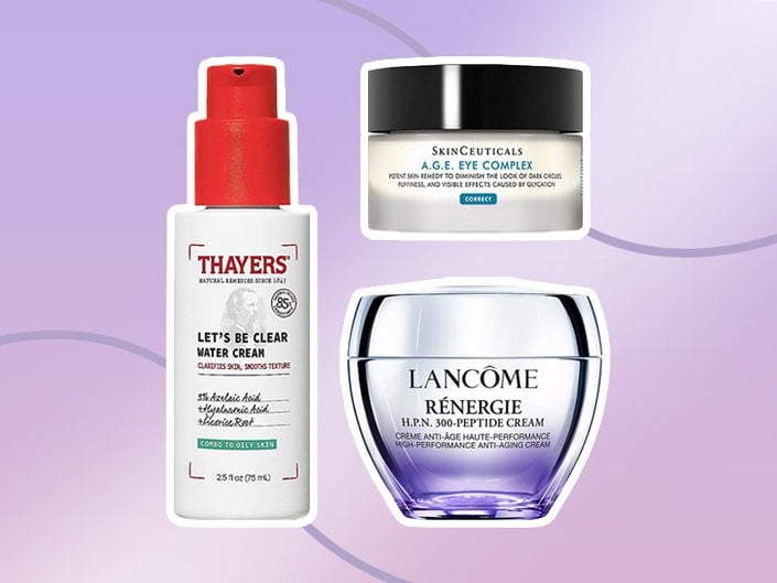 thayers water cream, skinceuticals age eye complex, lancome renergie peptide cream collaged onto a purple background