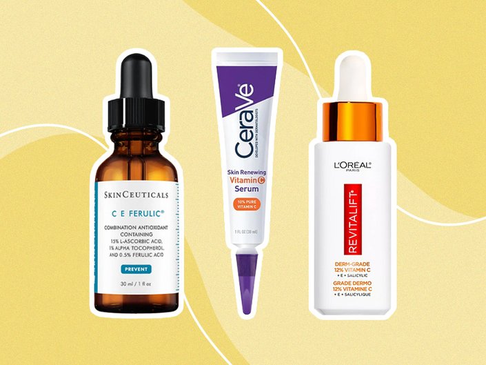 Collage of SkinCeuticals C E Ferulic With 15% L-Ascorbic Acid, CeraVe Skin Renewing Vitamin C Serum and the L’Oréal Paris Revitalift Derm Intensifies 12% Pure Vitamin C + E + Salicylic Acid Serum on a yellow background