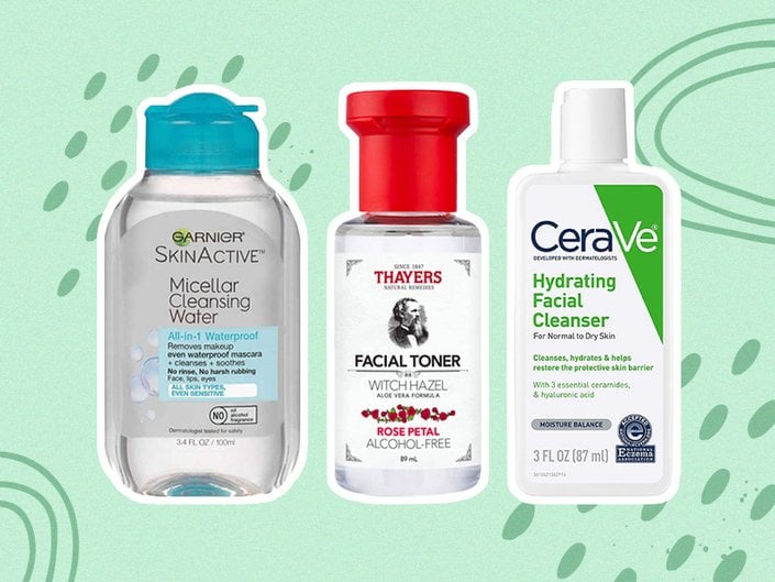 Collage of the Garnier SkinActive Micellar Cleansing Water All-in-1 Waterproof Makeup Remover, Thayers Natural Remedies Rose Petal Facial Toner and CeraVe Hydrating Cleanser on a green graphic background