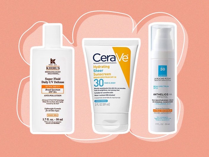 Picture of the Kiehl’s Super Fluid Daily UV Defense SPF 50+, CeraVe Hydrating Sheer Sunscreen Broad Spectrum SPF 30 and La Roche-Posay Anthelios 100% Mineral Sunscreen Moisturizer with Hyaluronic Acid on a graphic orange background with an abstract flower