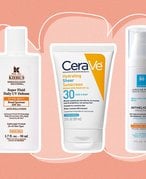 Picture of the Kiehl’s Super Fluid Daily UV Defense SPF 50+, CeraVe Hydrating Sheer Sunscreen Broad Spectrum SPF 30 and La Roche-Posay Anthelios 100% Mineral Sunscreen Moisturizer with Hyaluronic Acid on a graphic orange background with an abstract flower