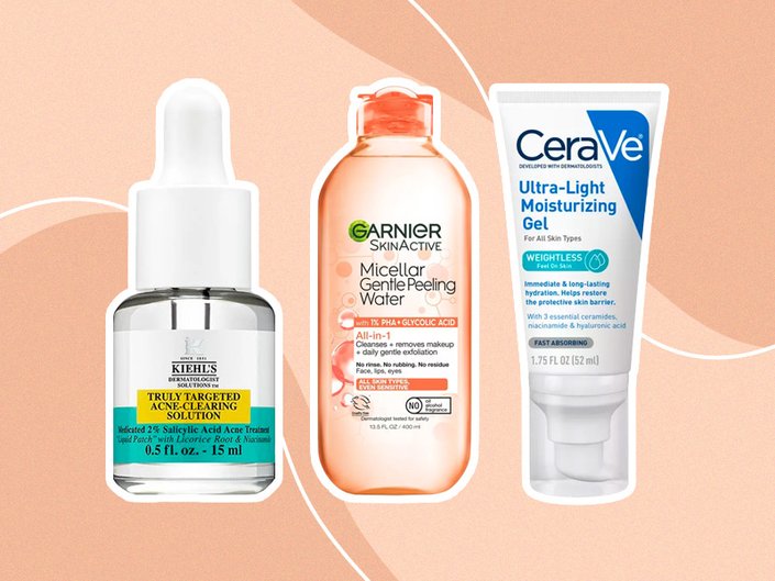 Kiehl’s Truly Targeted Acne-Clearing Pimple Patch with Salicylic Acid, Garnier SkinActive Micellar Cleansing Peeling Water and CeraVe Ultra-Light Moisturizing Gel collaged on a muted orange background