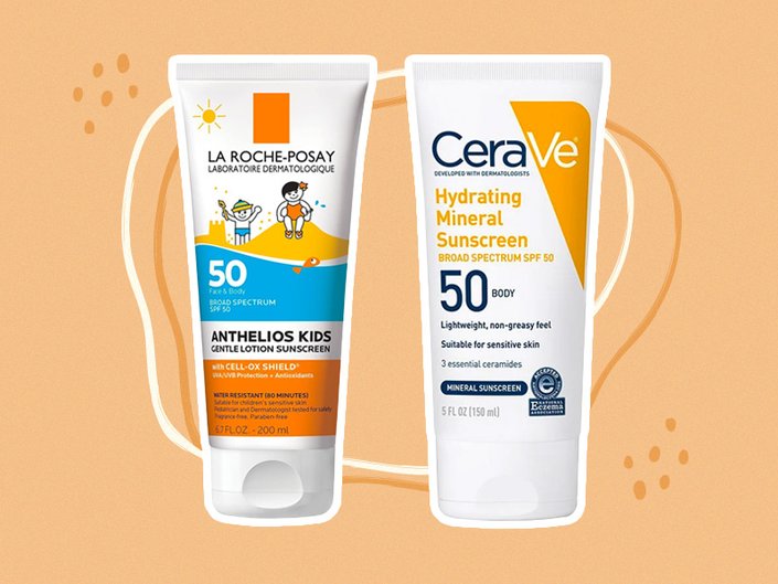 La Roche-Posay Anthelios Gentle Lotion Kids Sunscreen SPF 50 and CeraVe Hydrating Mineral Sunscreen SPF 50 Body Lotion collaged on an orange background