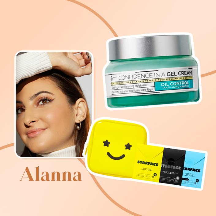 person collaged on orange background with it cosmetics moisturizer and starface set
