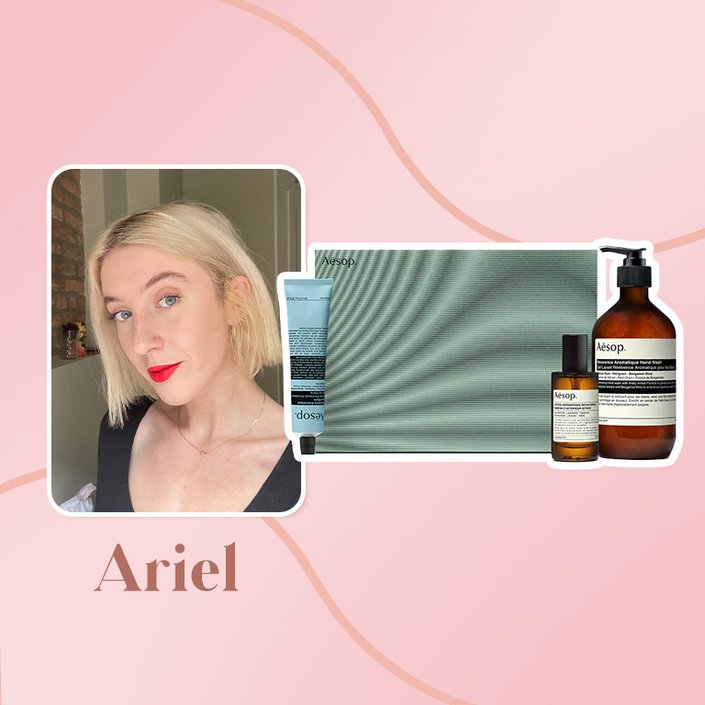 person collaged on a pink background with aesop set
