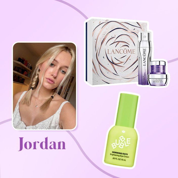 person collaged on a purple background with a lancome set and eye cream