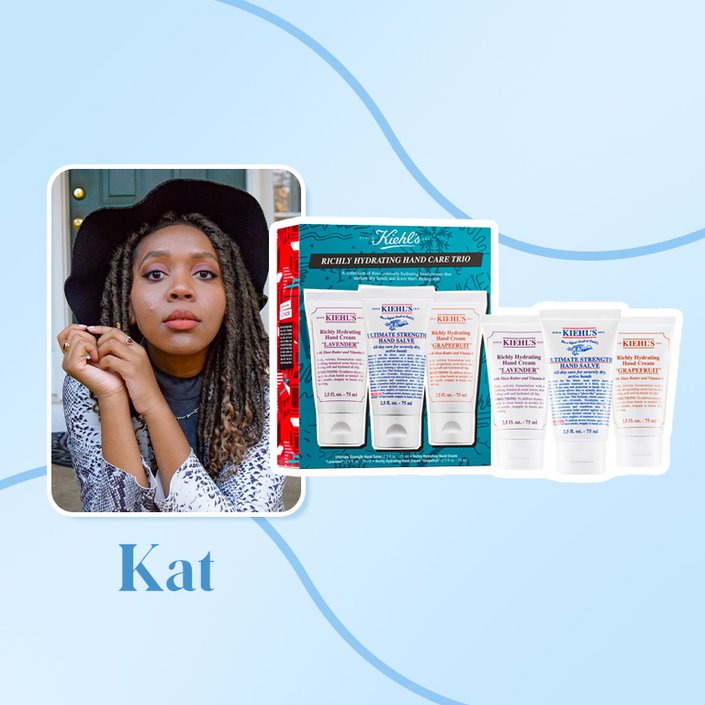 person collaged onto a blue background with a kiehls set