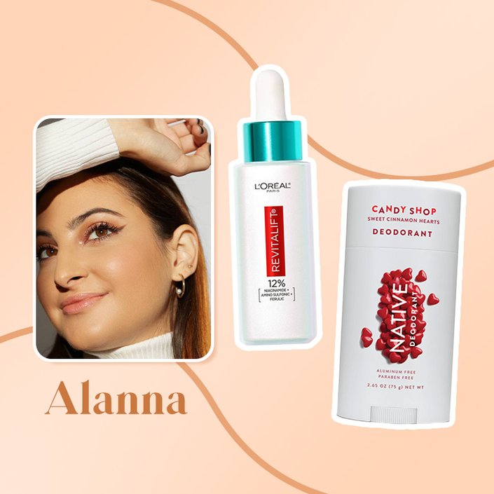 loreal niacinamide serum and native deodorant collaged onto an orange background with a photo of alanna