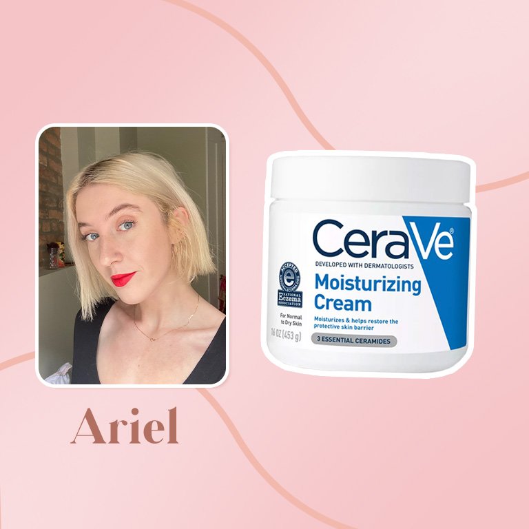 cerave moisturizing cream collaged on a pink background with a photo of ariel
