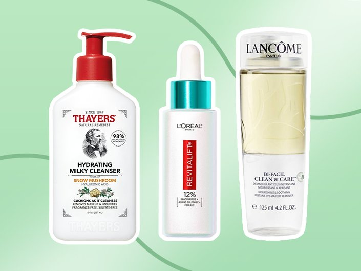 thayers milky cleanser, loreal paris niacinamide serum, lancome bi facil makeup remover