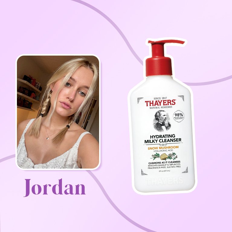 thayers milky cleanser collaged onto a purple background with a photo of jordan