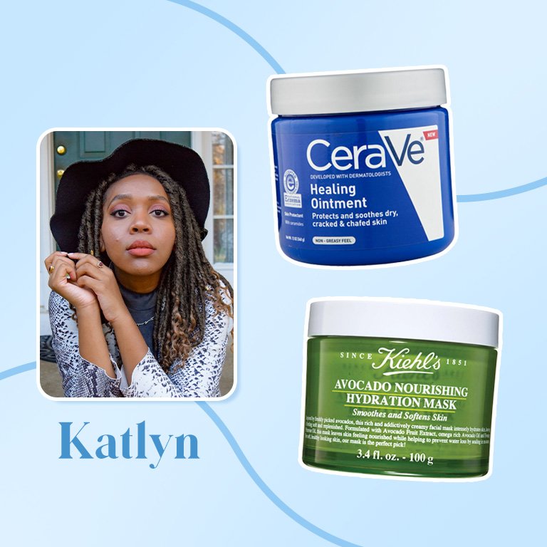 cerave healing ointment and kiehls avocado mask collaged onto a blue background with a photo of kat