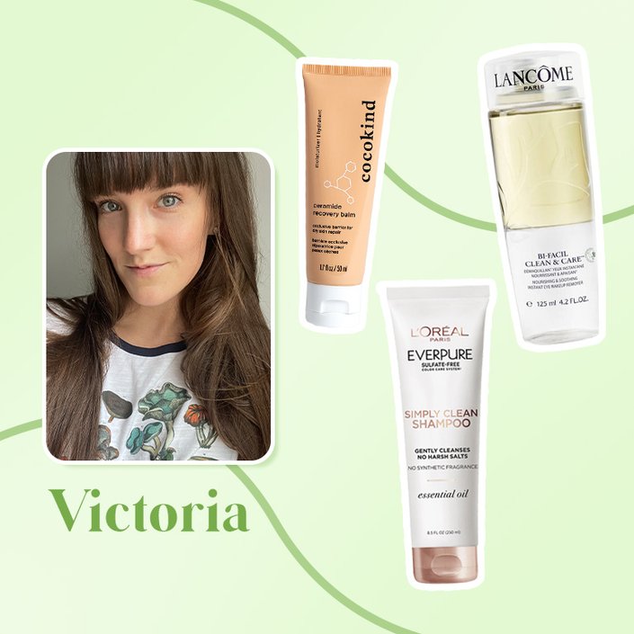 cocokind balm, lancome bi facil makeup remover and loreal everpure shampoo collaged onto a green background with a picture of victoria