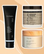 Collage of Buttah Skin Gentle Cleanser, Carol’s Daughter Almond Cookie Shea Soufflé and Tsuri Yuzu + Ylang Ylang Body Crème on a tan background