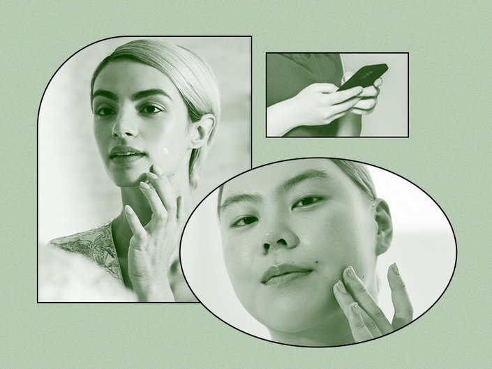 Two images of people touching their faces and one image of a person typing on their phone, with a green filter