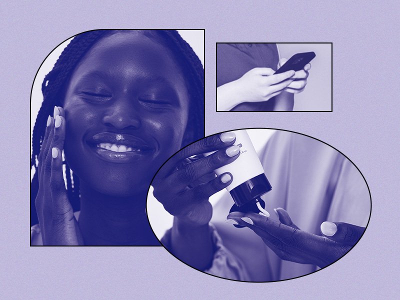 Collage of photos of person smiling and touching their cheek, squeezing a skincare cream into their hand and holding a smartphone