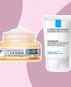 A photo of the IT Cosmetics Confidence in an Eye Cream and the La Roche-Posay Toleriane Double Repair Face Moisturizer on a pink background