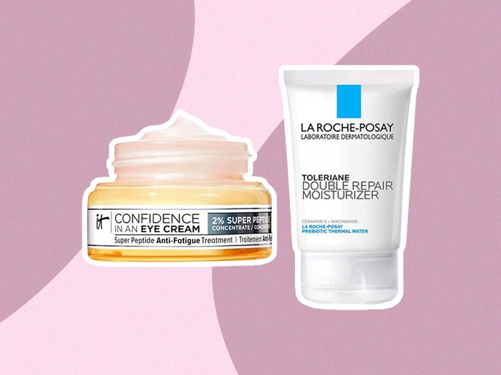 A photo of the IT Cosmetics Confidence in an Eye Cream and the La Roche-Posay Toleriane Double Repair Face Moisturizer on a pink background