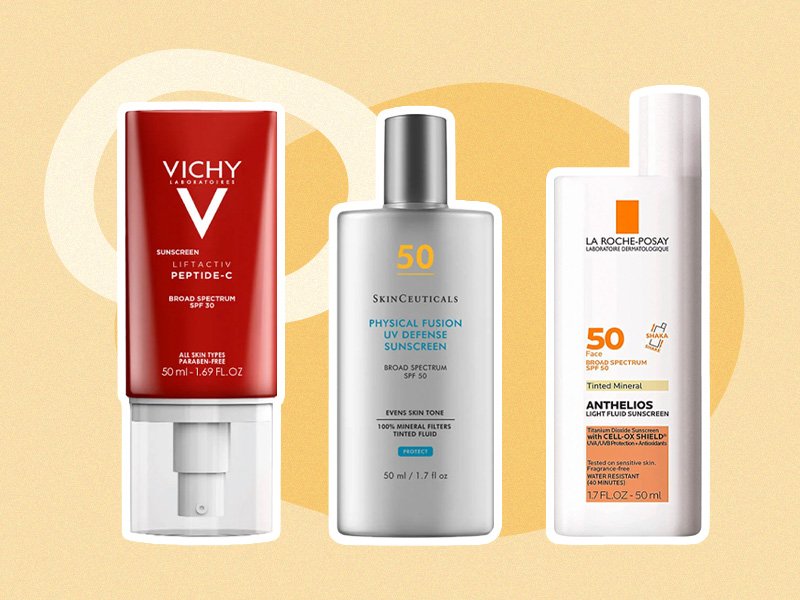 Collage of Vichy LiftActiv Peptide-C Sunscreen, SkinCeuticals Physical Fusion UV Defense SPF 50 and La Roche-Posay Anthelios Mineral Tinted Sunscreen for Face SPF 50 on a yellow background