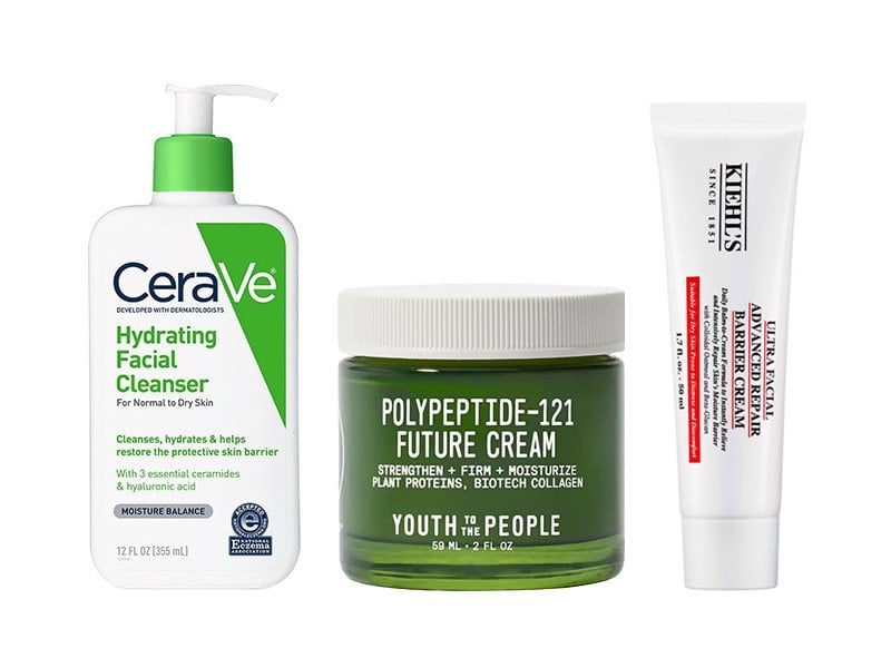 CeraVe Hydrating Cleanser, Youth to the People Polypeptide-121 Future Cream and Kiehl’s Ultra Facial Advanced Repair Barrier Cream
