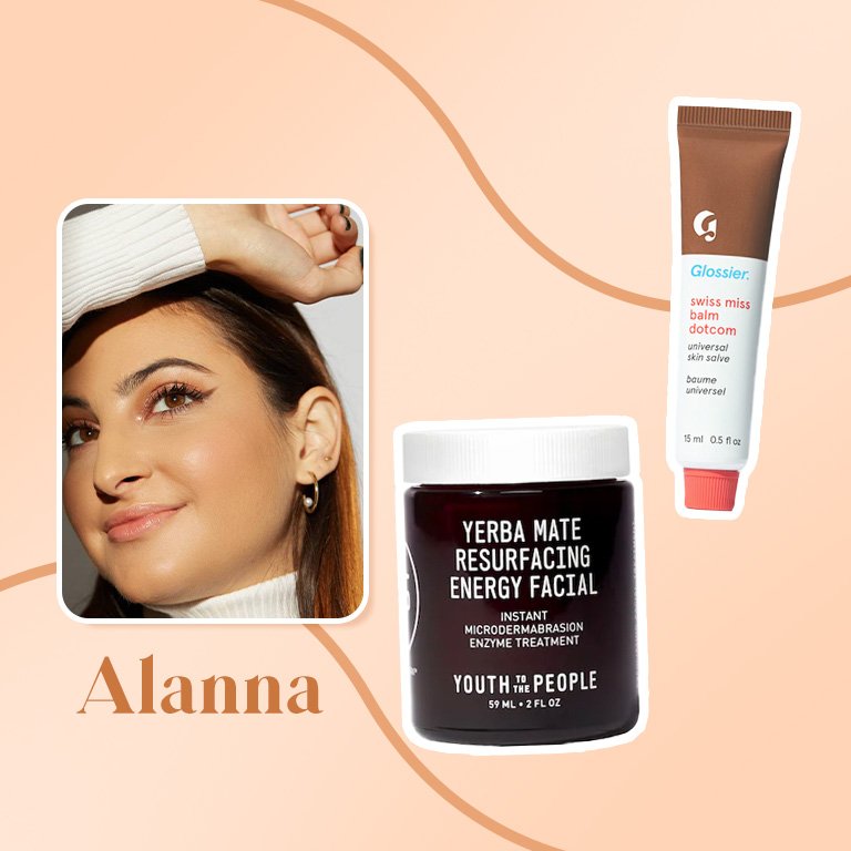 photo of alanna collaged with glossier swiss miss balm and youth to the people mask