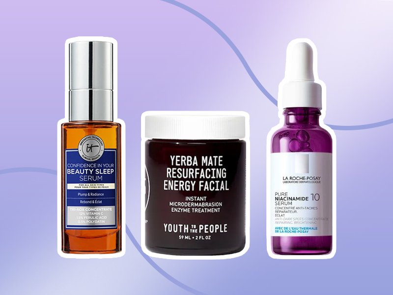 new skincare products collaged onto a purple background